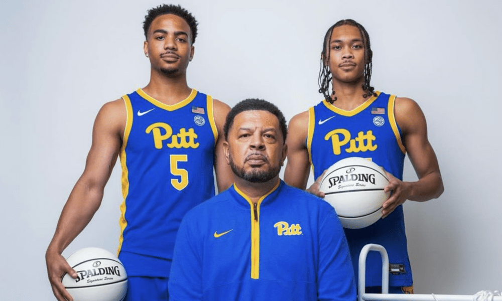 Pitt basketball head coach Jeff Capel, along with Jaland Lowe and Ishmael Leggett.